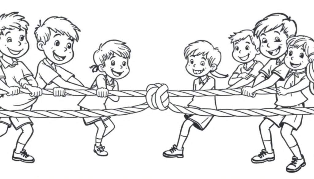 Een zwart-wit kleurplaat van lachende kinderen die touwtrekken, met een dik touw in het midden.