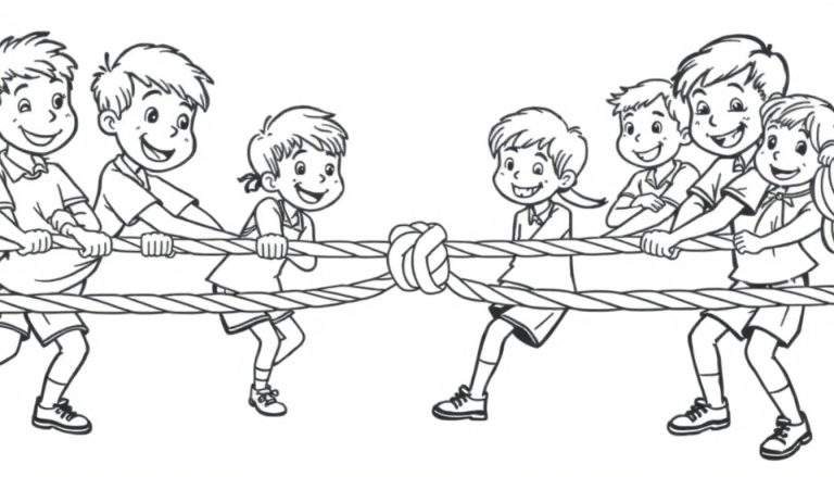Een zwart-wit kleurplaat van lachende kinderen die touwtrekken, met een dik touw in het midden.