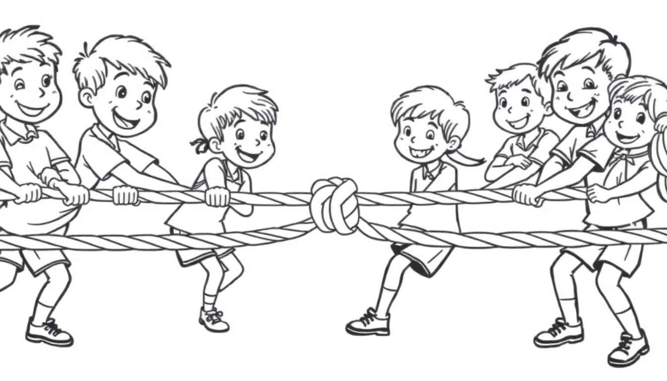 Een zwart-wit kleurplaat van lachende kinderen die touwtrekken, met een dik touw in het midden.