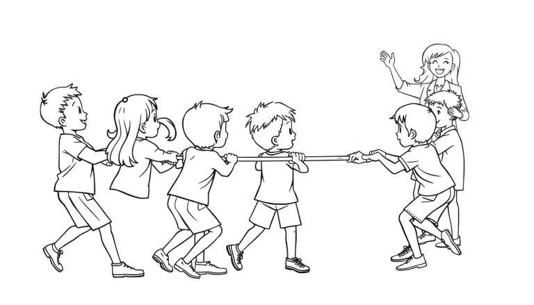 Zwart-witte kleurplaat van een vrolijke touwtrekwedstrijd op school met lachende kinderen en een volwassene.
