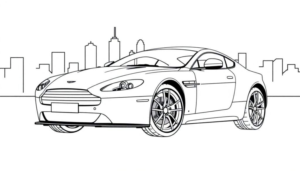 Een zwart-wit kleurplaat van een Aston Martin voor een stadsgezicht.