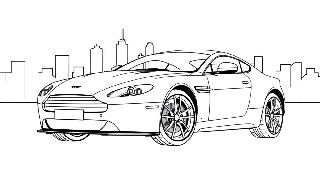 Een zwart-wit kleurplaat van een Aston Martin voor een stadsgezicht.