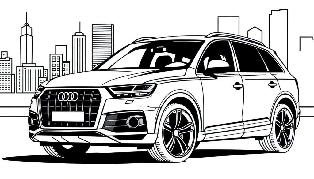 Zwart-wit kleurplaat van een Audi Q7 met een stad op de achtergrond.