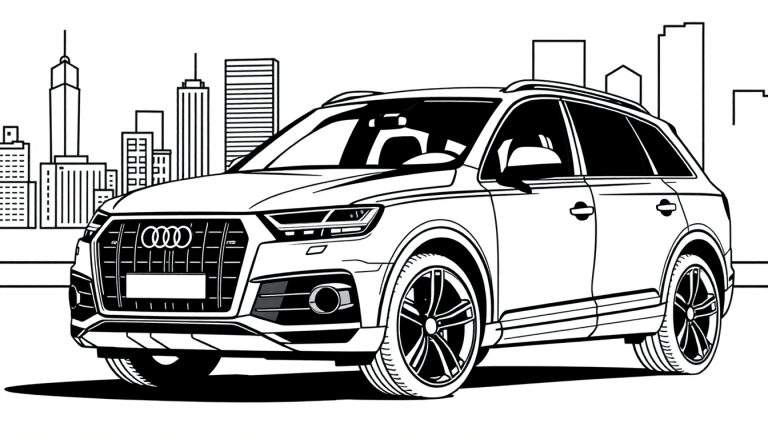 Zwart-wit kleurplaat van een Audi Q7 met een stad op de achtergrond.