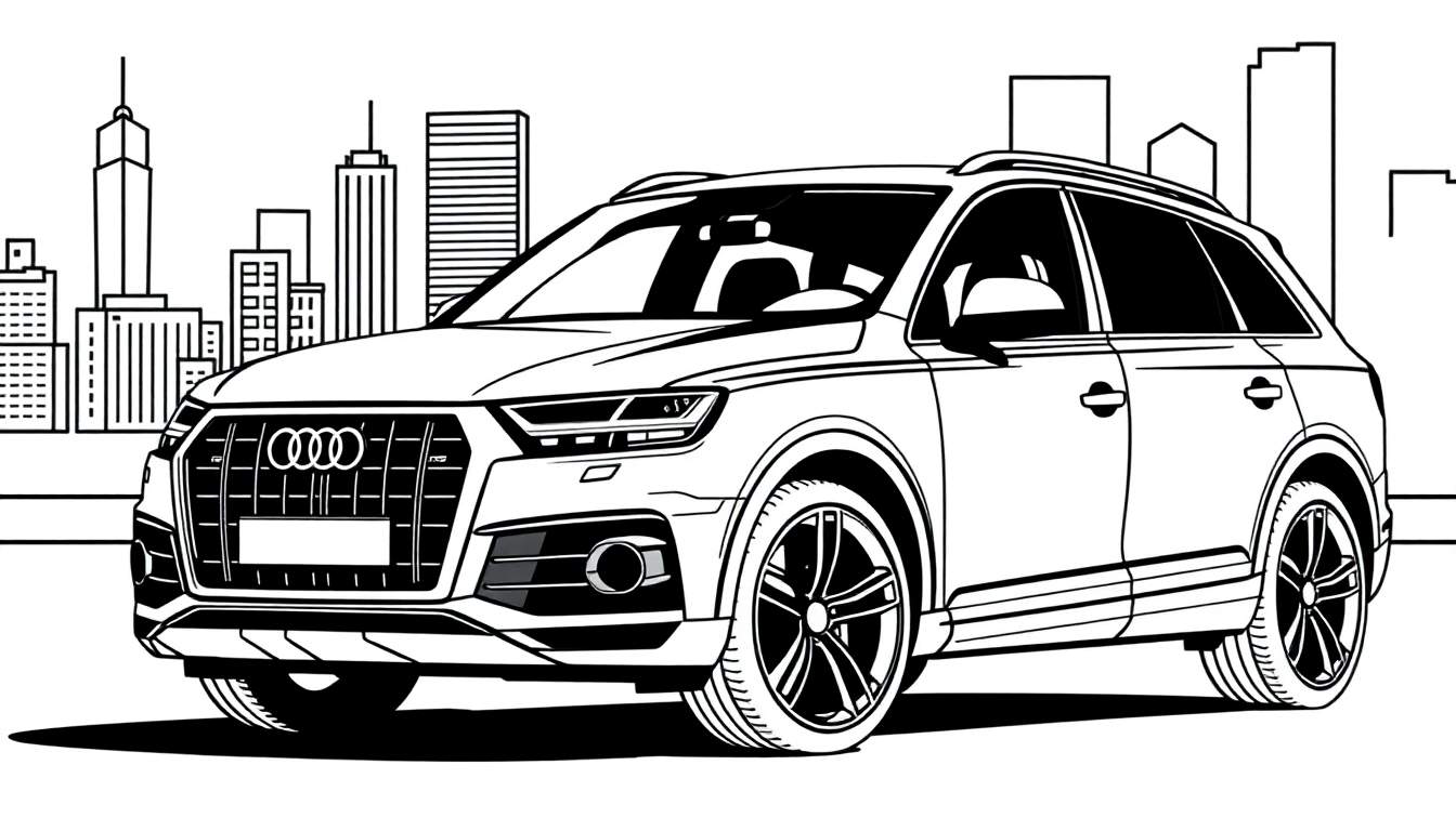 Zwart-wit kleurplaat van een Audi Q7 met een stad op de achtergrond.