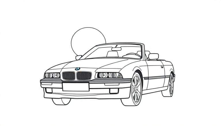 Kleurplaat van een BMW 635 CSI cabriolet, getekend in zwart-wit met een cirkel achter de auto.