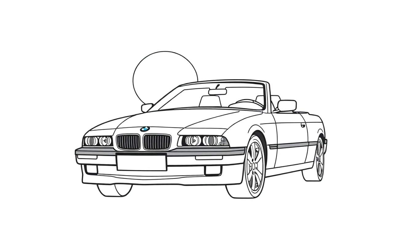 Kleurplaat van een BMW 635 CSI cabriolet, getekend in zwart-wit met een cirkel achter de auto.