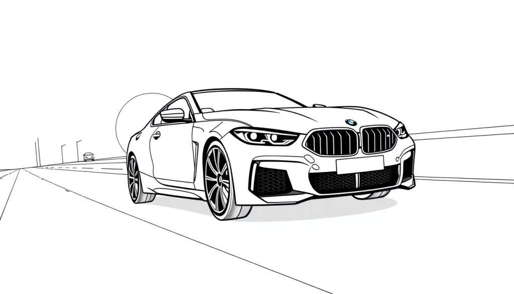 Een kleurplaat van een sportieve BMW M8 op een weg.