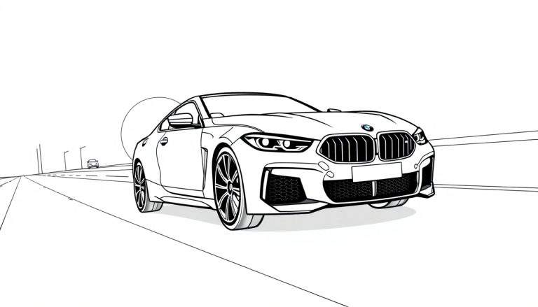 Een kleurplaat van een sportieve BMW M8 op een weg.