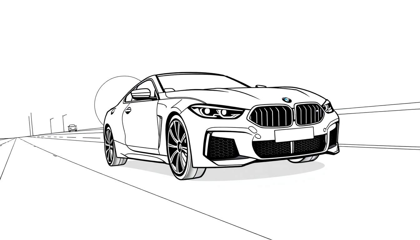 Een kleurplaat van een sportieve BMW M8 op een weg.