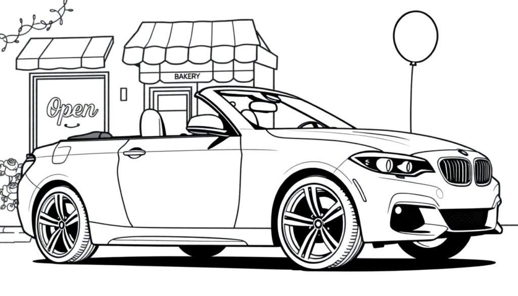 Zwart-wit kleurplaat van een BMW cabriolet met de kap omlaag, geparkeerd voor een bakkerij.