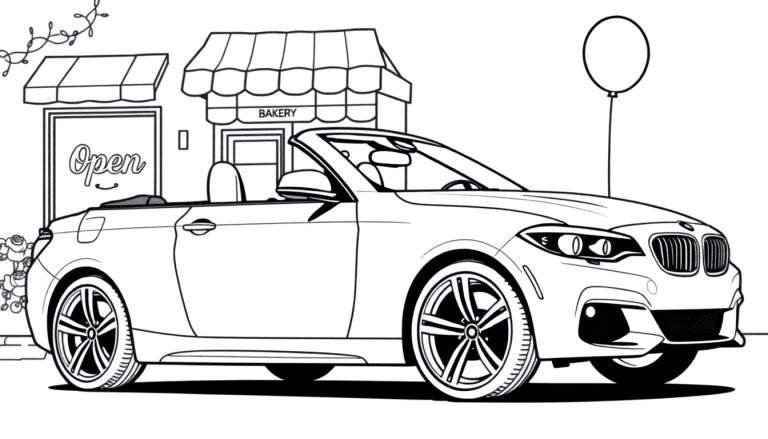 Zwart-wit kleurplaat van een BMW cabriolet met de kap omlaag, geparkeerd voor een bakkerij.