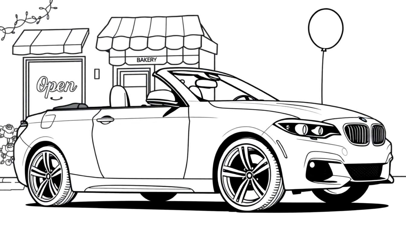 Zwart-wit kleurplaat van een BMW cabriolet met de kap omlaag, geparkeerd voor een bakkerij.