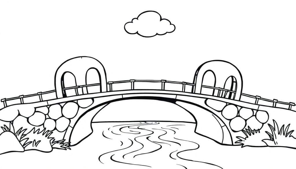 Kleurplaat van een boogbrug over een rivier met een wolk.