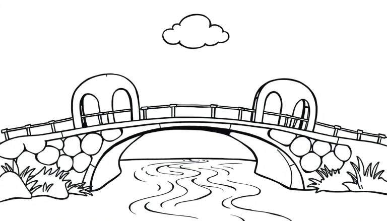 Kleurplaat van een boogbrug over een rivier met een wolk.