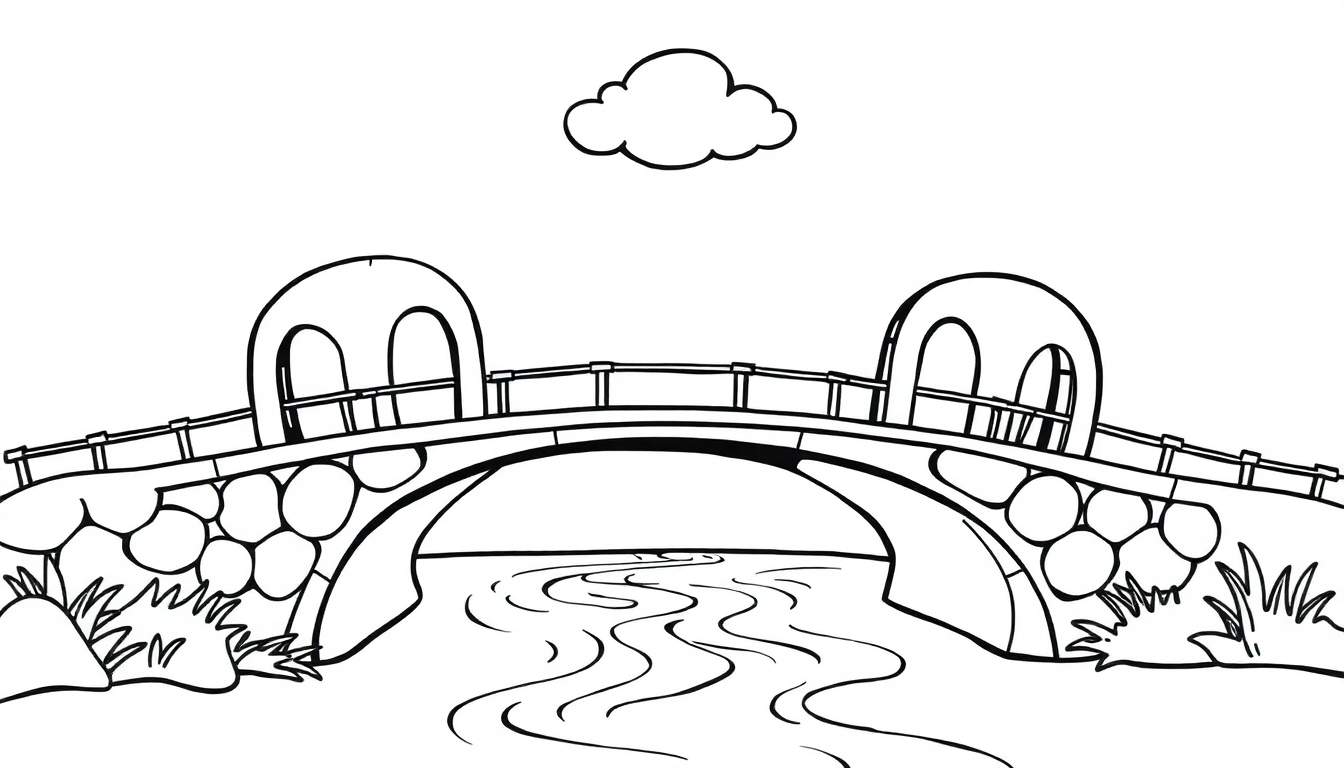 Kleurplaat van een boogbrug over een rivier met een wolk.