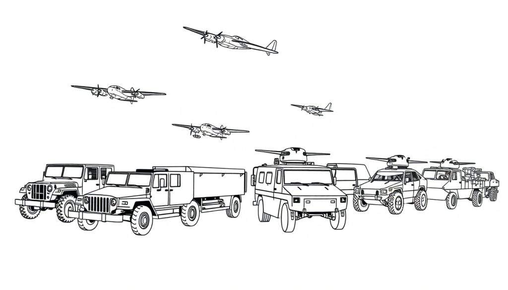 Kleurplaat van militaire voertuigen en vliegtuigen in lijntekening.