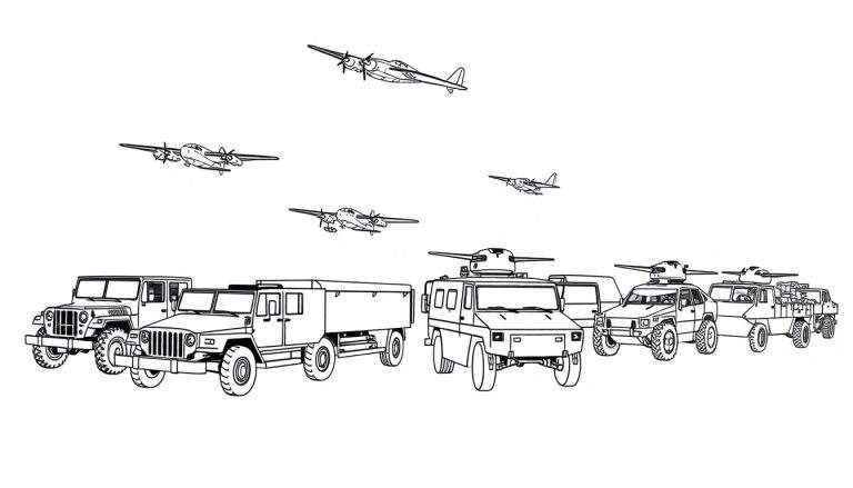 Kleurplaat van militaire voertuigen en vliegtuigen in lijntekening.