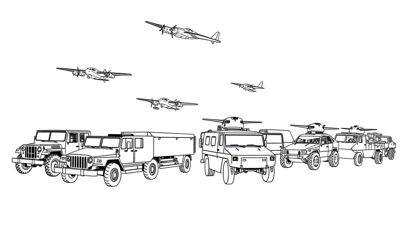 Kleurplaat van militaire voertuigen en vliegtuigen in lijntekening.