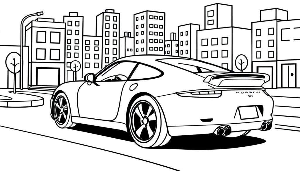 Zwart-wit kleurplaat van een Porsche 911 in een stad.