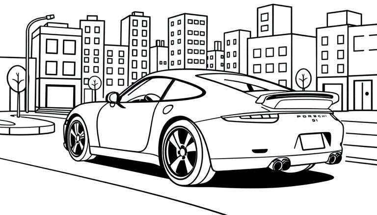 Zwart-wit kleurplaat van een Porsche 911 in een stad.