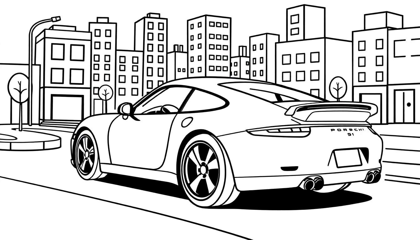 Zwart-wit kleurplaat van een Porsche 911 in een stad.