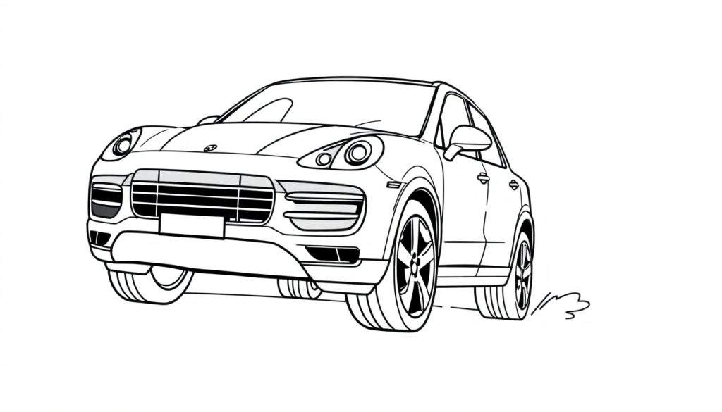 Zwart-wit kleurplaat van een Porsche Cayenne turbo in actie.