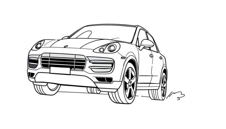 Zwart-wit kleurplaat van een Porsche Cayenne turbo in actie.