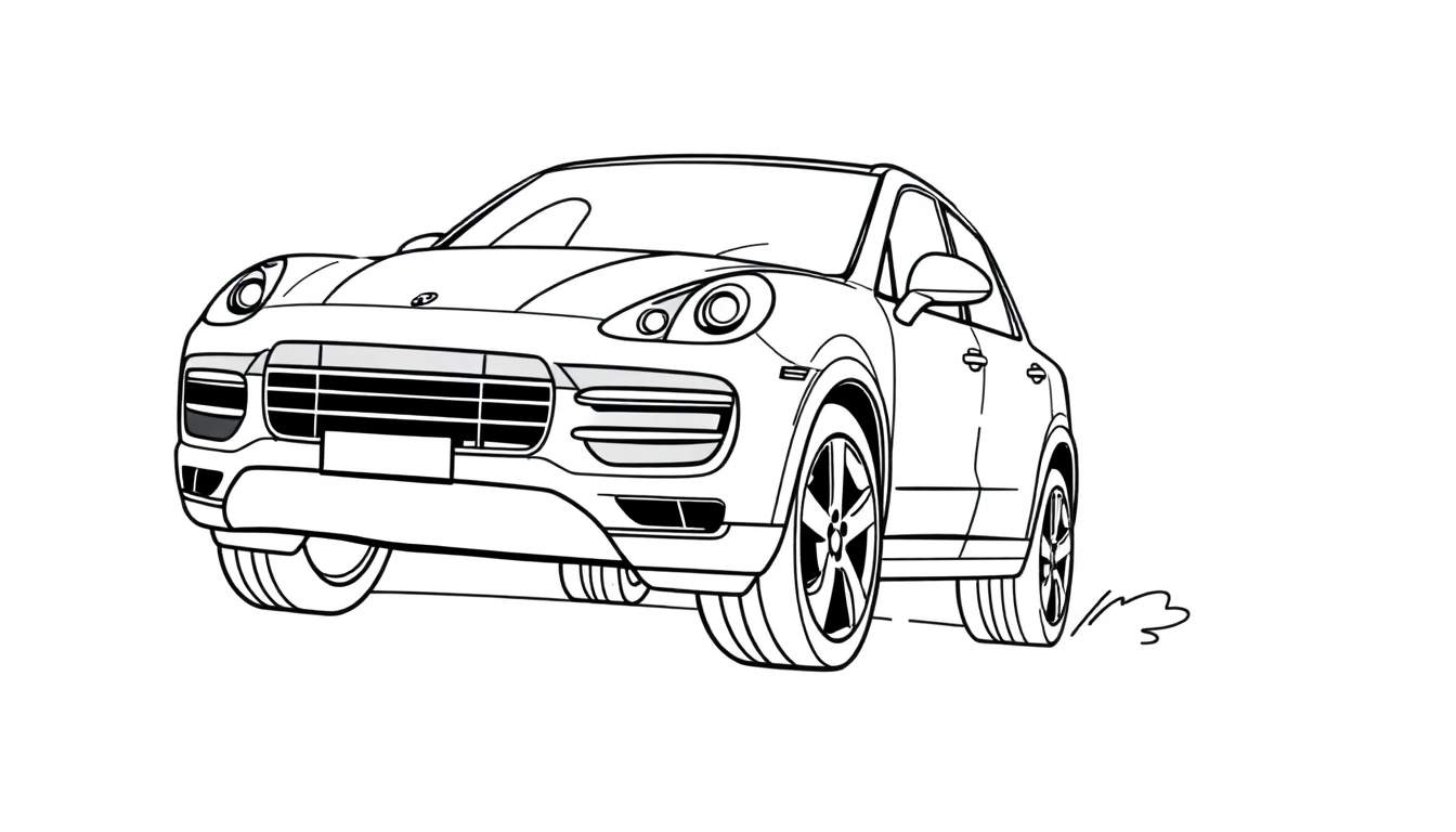 Zwart-wit kleurplaat van een Porsche Cayenne turbo in actie.