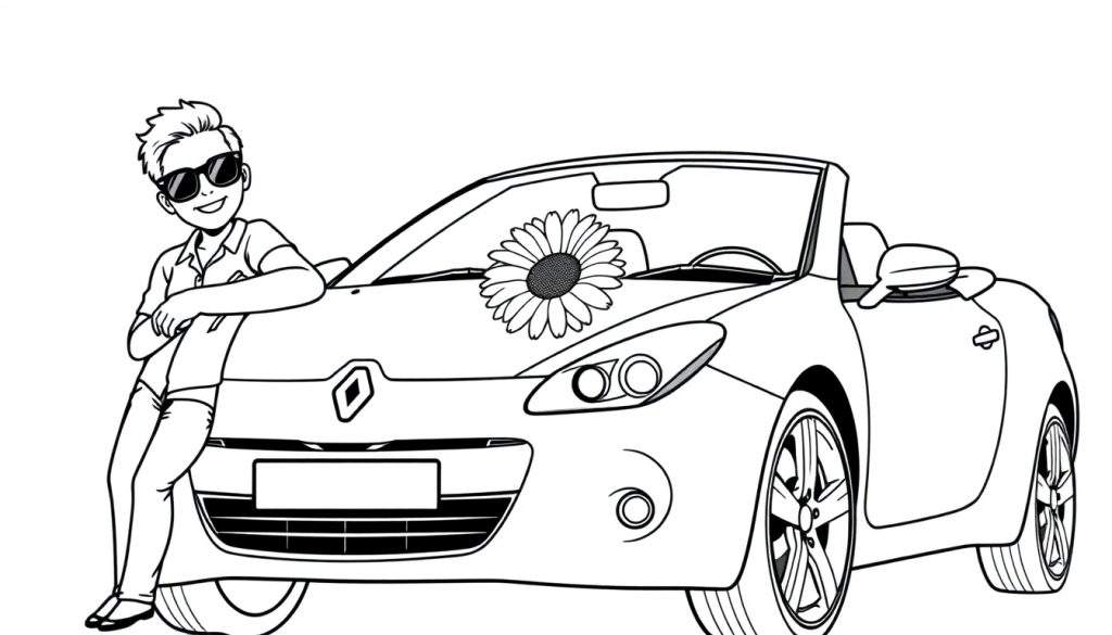Kleurplaat van een lachende man bij een Renault cabriolet met een zonnebloem.