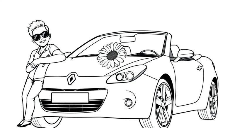 Kleurplaat van een lachende man bij een Renault cabriolet met een zonnebloem.