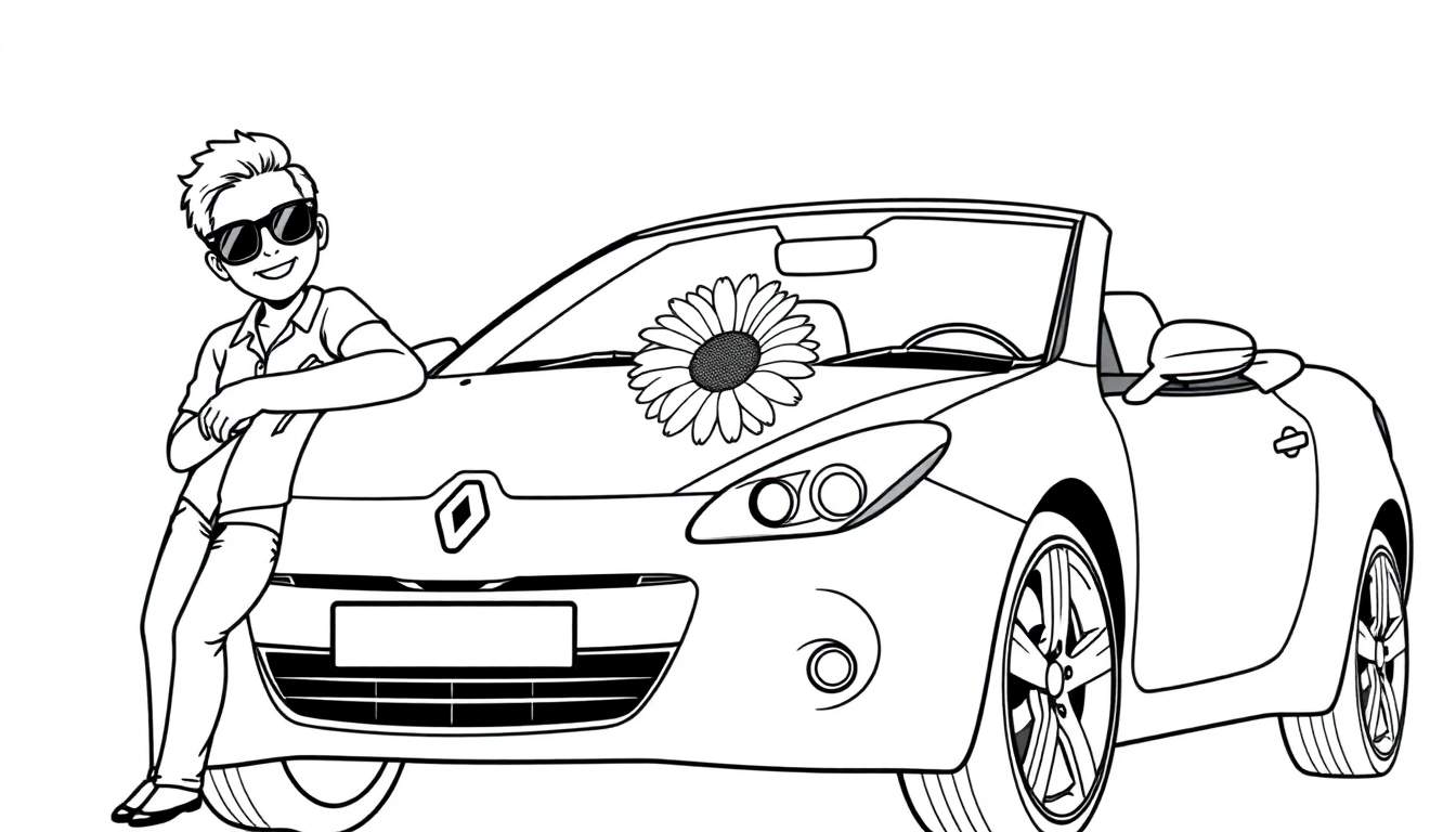 Kleurplaat van een lachende man bij een Renault cabriolet met een zonnebloem.