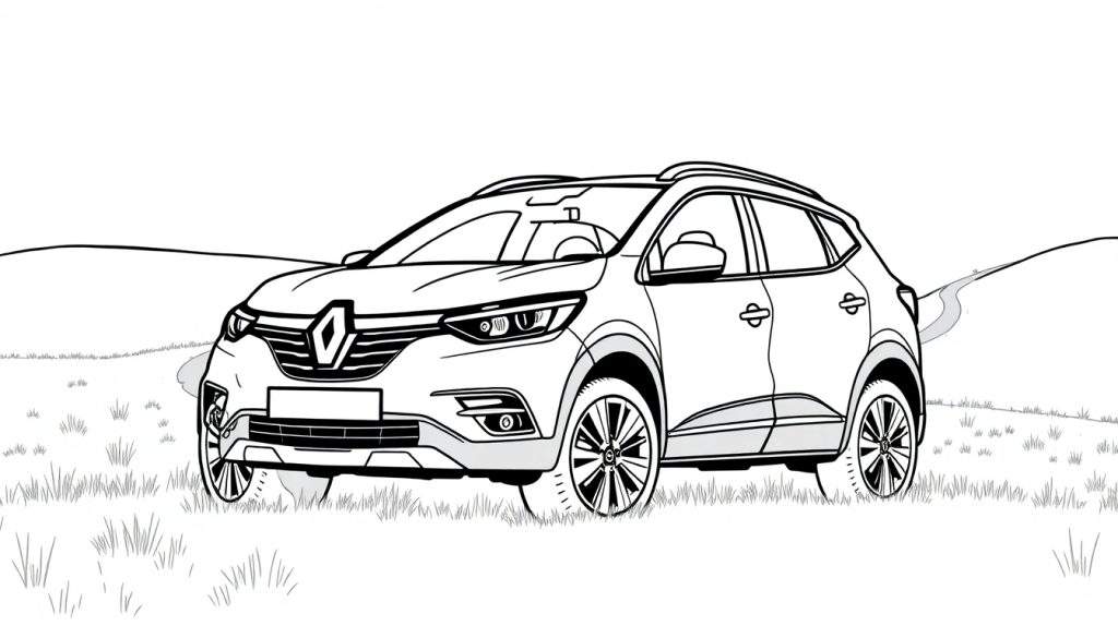 Kleurplaat van een zwarte en witte Renault Kadjar in een veld.
