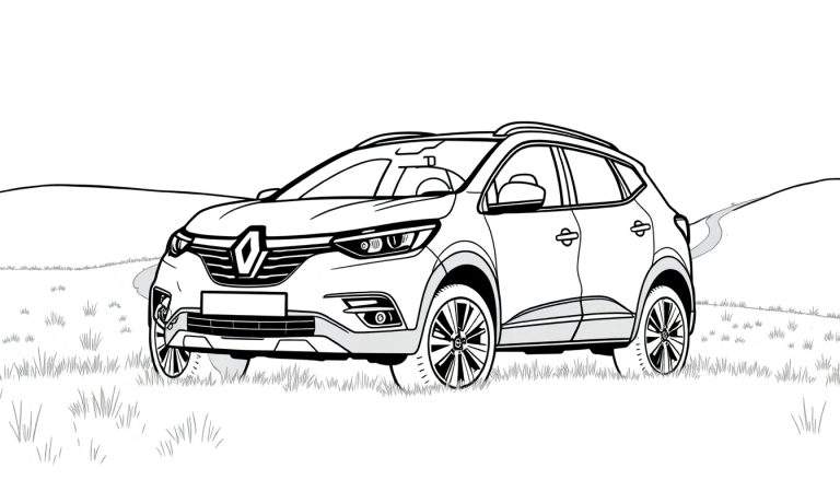 Kleurplaat van een zwarte en witte Renault Kadjar in een veld.