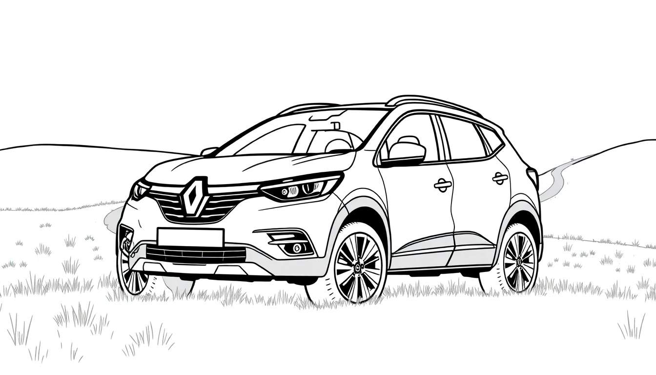 Kleurplaat van een zwarte en witte Renault Kadjar in een veld.
