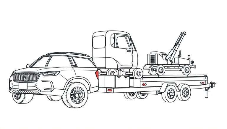 Kleurplaat van een grote SUV die een aanhanger trekt met een kleine truck en kraan.