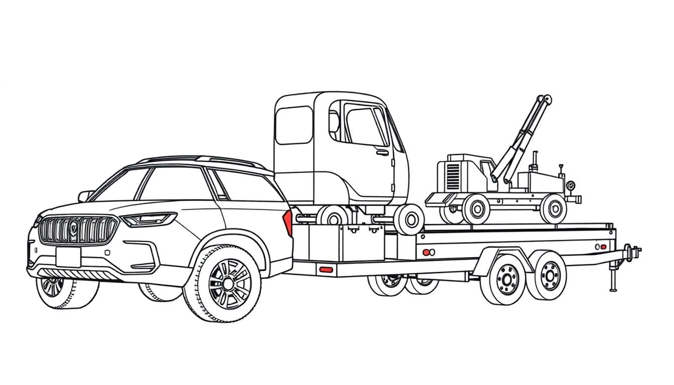 Kleurplaat van een grote SUV die een aanhanger trekt met een kleine truck en kraan.