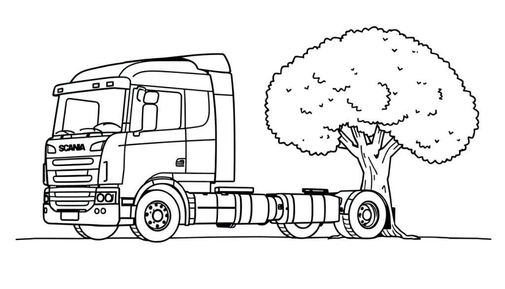 Kleurplaat van een Scania vrachtwagen naast een boom.