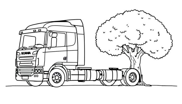 Kleurplaat van een Scania vrachtwagen naast een boom.