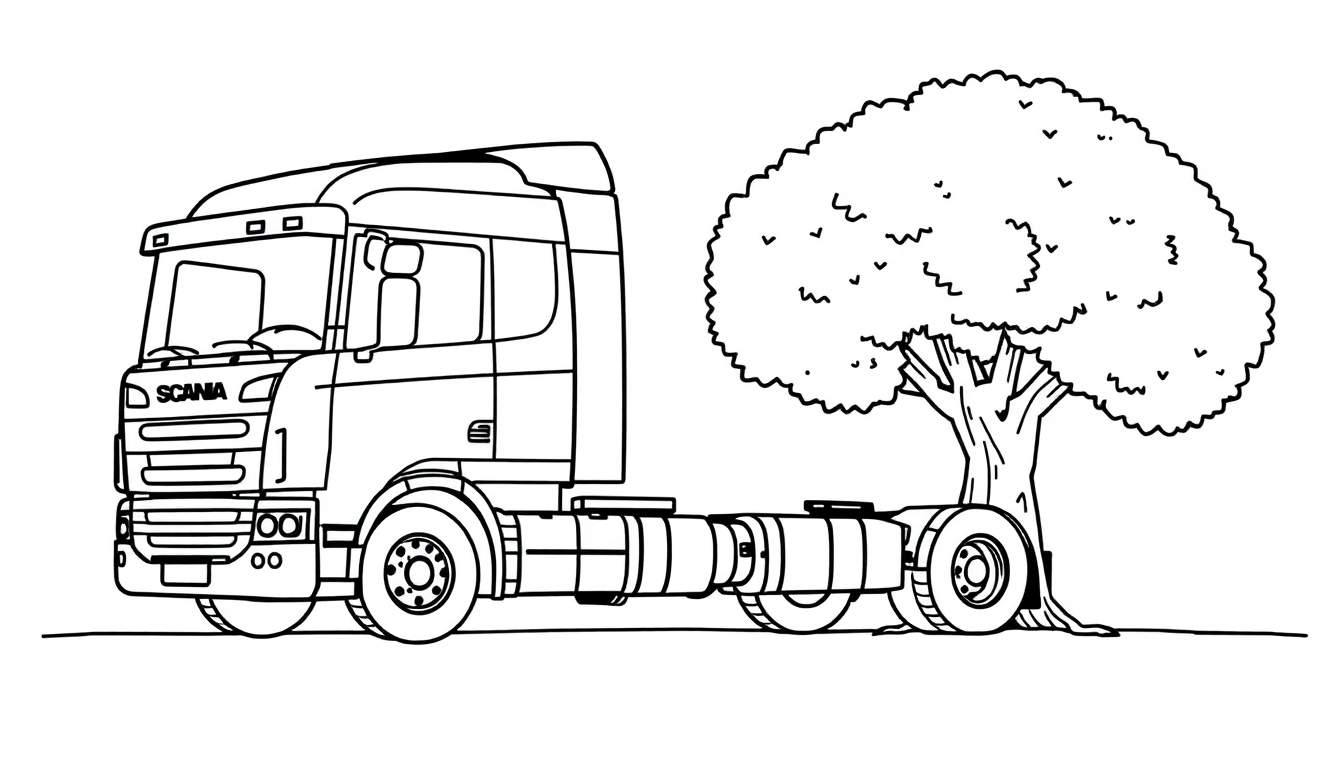 Kleurplaat van een Scania vrachtwagen naast een boom.