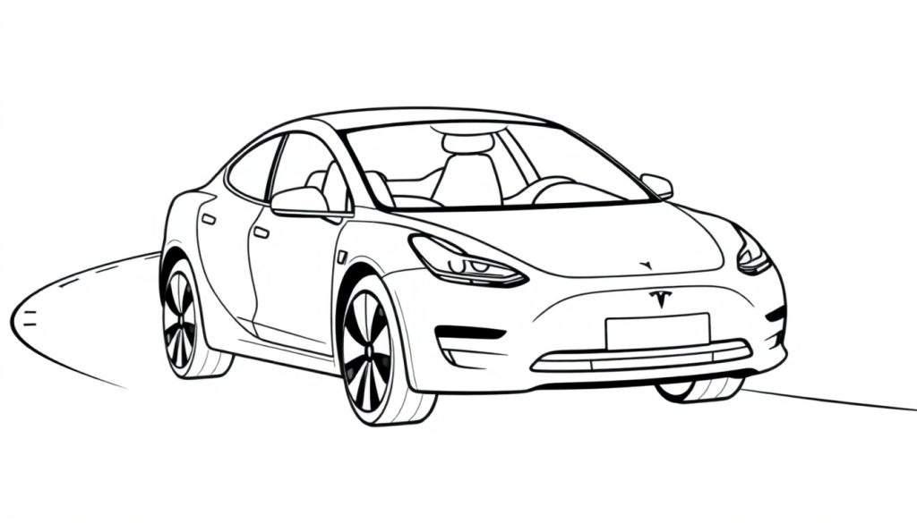 Kleurplaat van een Tesla Model 3 in lijntekening, klaar om ingekleurd te worden.
