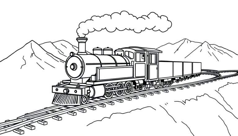 Zwart-wit kleurplaat van een stoomtrein die door een berglandschap rijdt, met stoom uit de schoorsteen en wagons.