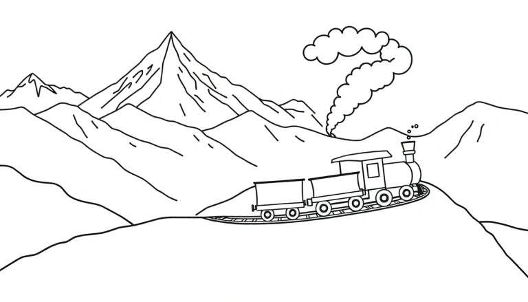 Zwart-witte kleurplaat van een stoomtrein die door de bergen rijdt.