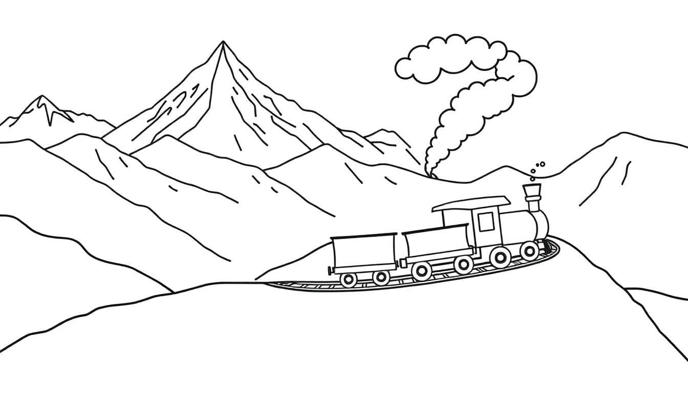 Zwart-witte kleurplaat van een stoomtrein die door de bergen rijdt.