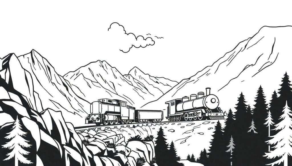 Zwart-wit kleurplaat van een stoomtrein die door een berglandschap rijdt, omringd door bomen en rotsen.