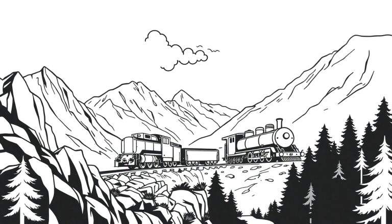 Zwart-wit kleurplaat van een stoomtrein die door een berglandschap rijdt, omringd door bomen en rotsen.