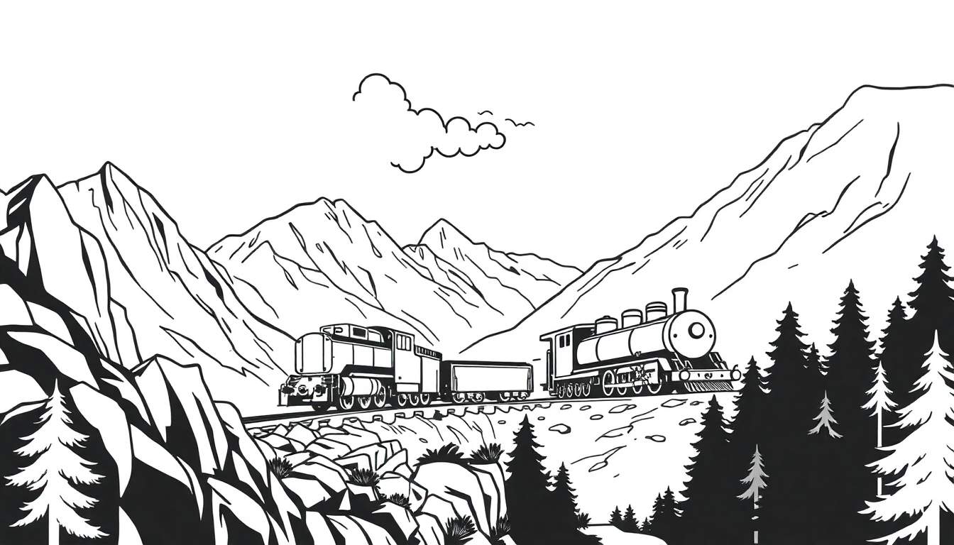 Zwart-wit kleurplaat van een stoomtrein die door een berglandschap rijdt, omringd door bomen en rotsen.