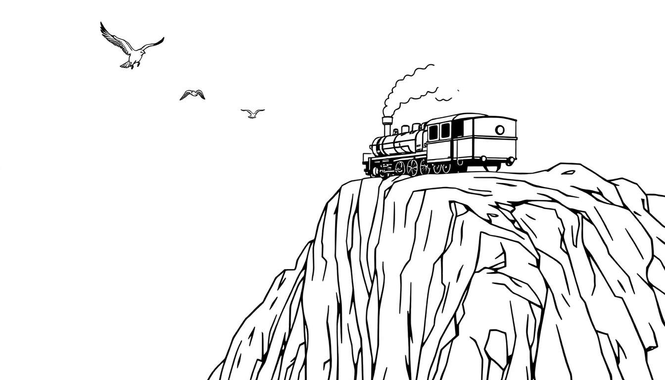 Kleurplaat van een stoomtrein op een klif met meeuwen.