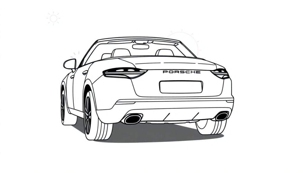 Kleurplaat: zwarte lijntekening van de achterkant van een Porsche cabrio, met de naam 'PORSCHE' erop.