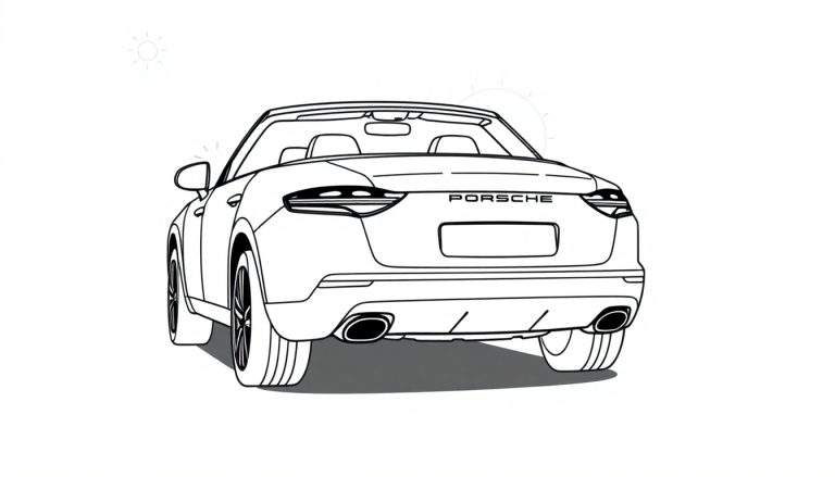 Kleurplaat: zwarte lijntekening van de achterkant van een Porsche cabrio, met de naam 'PORSCHE' erop.